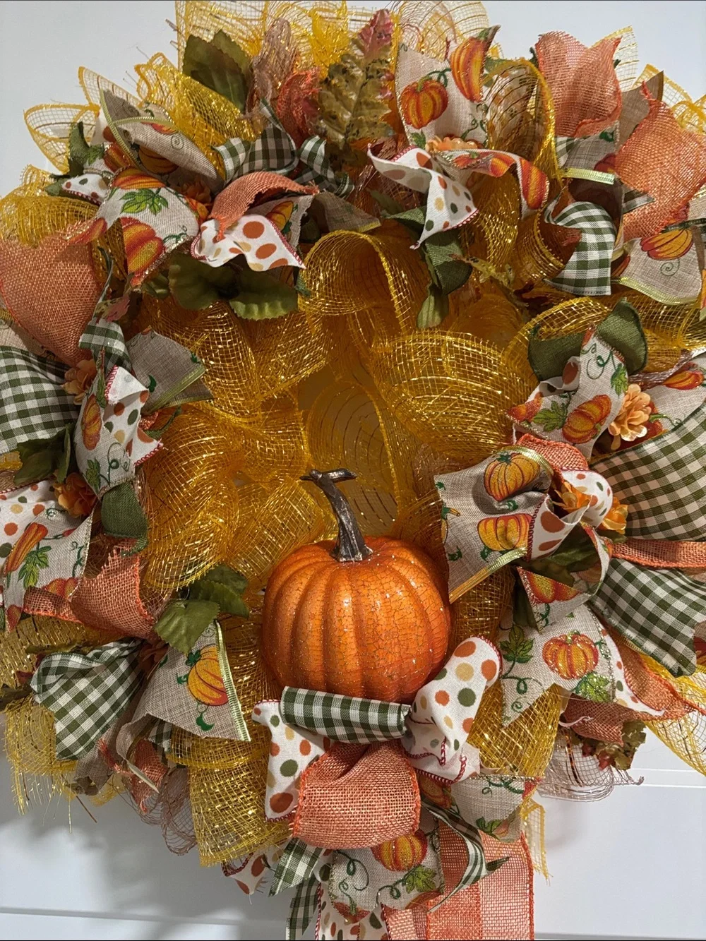 Hand Crafted Fall Pumpkin Wreath in Orange, Green & Gold